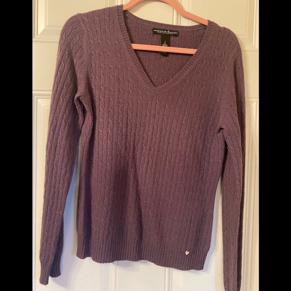 100% Cashmere Cable Knit V Neck Sweater Small Muted Purple Pullover Soft Cozy